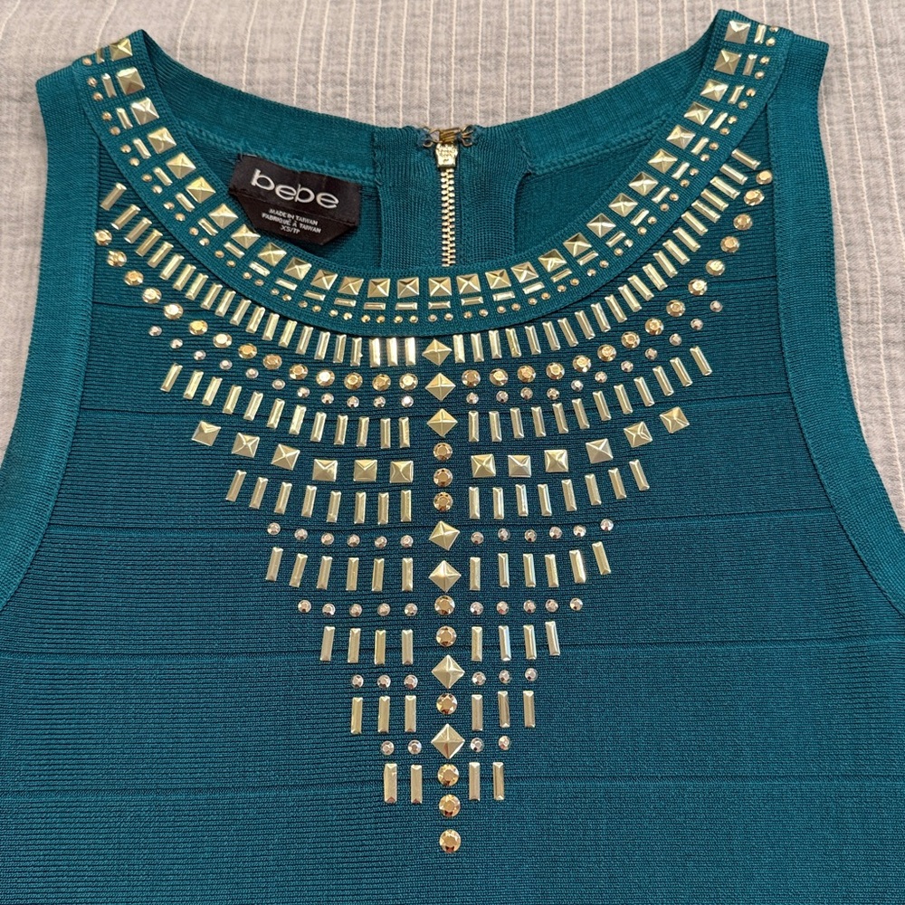 Bebe Embellished Party Dress Teal Green XS - Picture 2 of 5